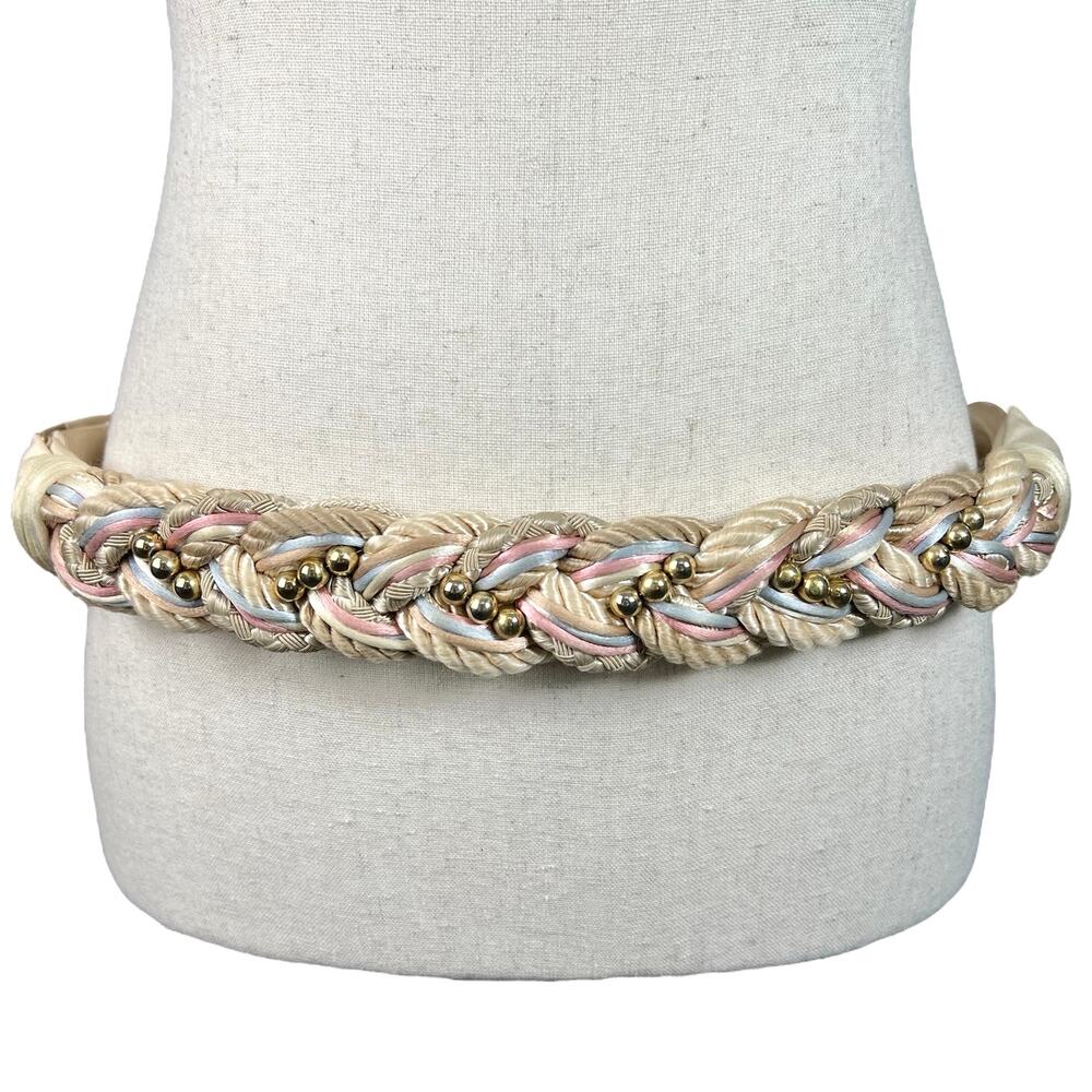 Vintage Women’s Size S M Cream Tan Gold Beaded Braided Wrap Rope Belt Adjustable